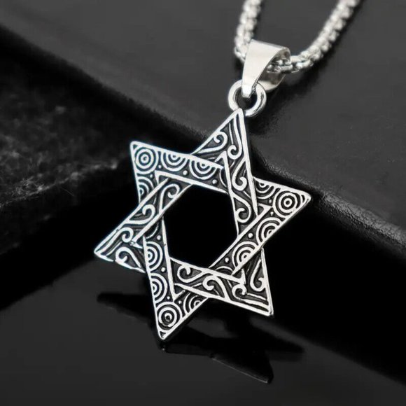 Vintage style Engraved Six Point Star of David Hexagon Pendant Necklace Charm - Picture 3 of 5